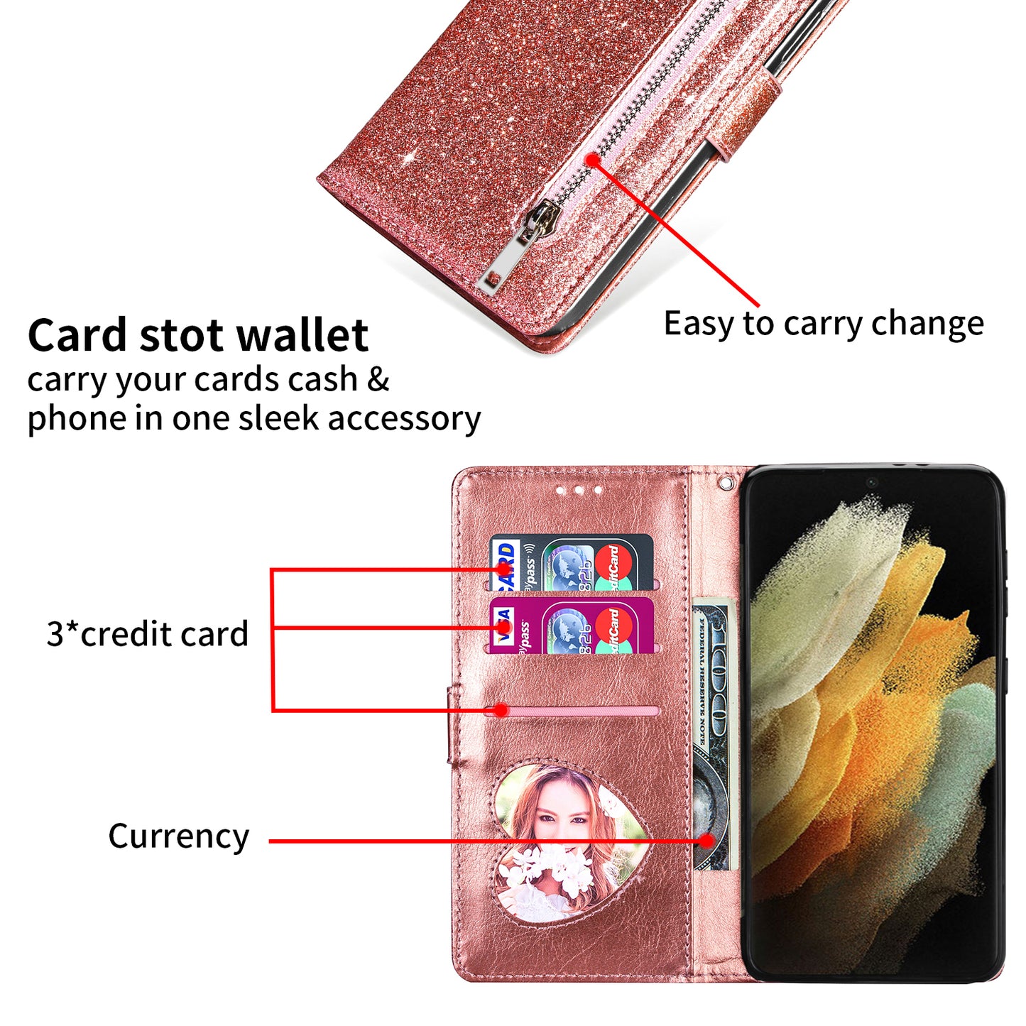 Glitter Sequins Magnetic Clasp Well-protected Anti-shock Zipper Pocket Wallet Flip Leather Phone Cover with Stand for Google Pixel 6