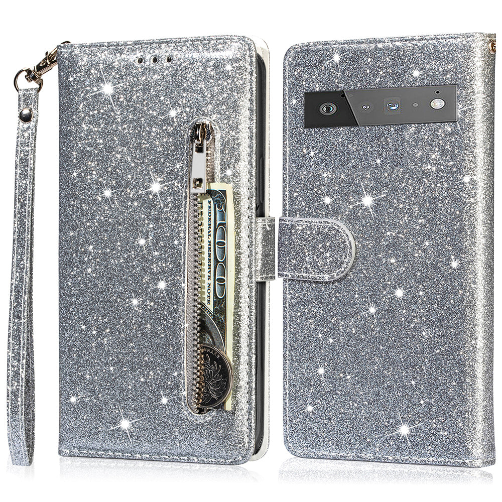 Glitter Sequins Magnetic Clasp Well-protected Anti-shock Zipper Pocket Wallet Flip Leather Phone Cover with Stand for Google Pixel 6