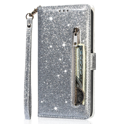 Glitter Sequins Magnetic Clasp Well-protected Anti-shock Zipper Pocket Wallet Flip Leather Phone Cover with Stand for Google Pixel 6