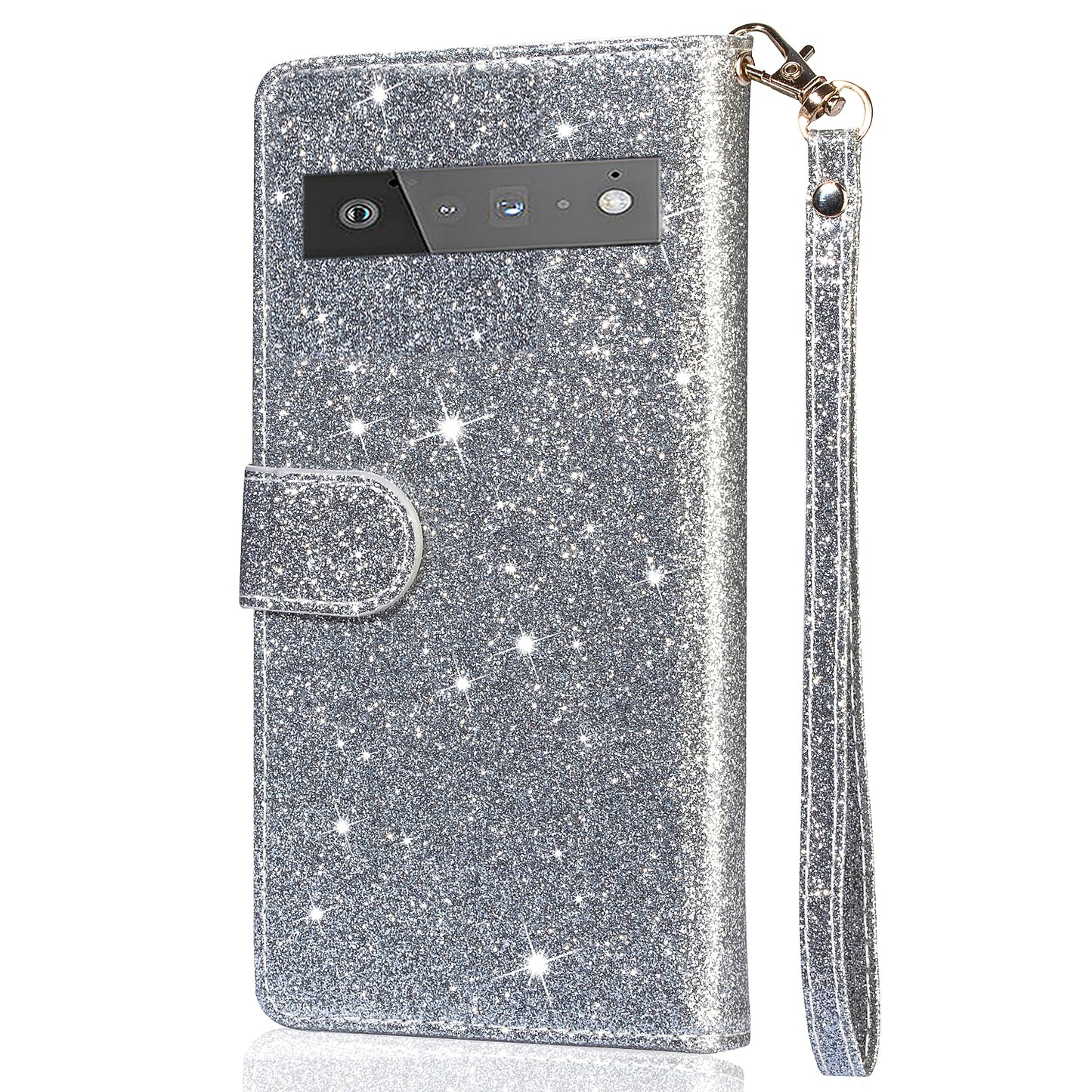 Glitter Sequins Magnetic Clasp Well-protected Anti-shock Zipper Pocket Wallet Flip Leather Phone Cover with Stand for Google Pixel 6