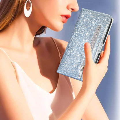 Glitter Sequins Magnetic Clasp Well-protected Anti-shock Zipper Pocket Wallet Flip Leather Phone Cover with Stand for Google Pixel 6