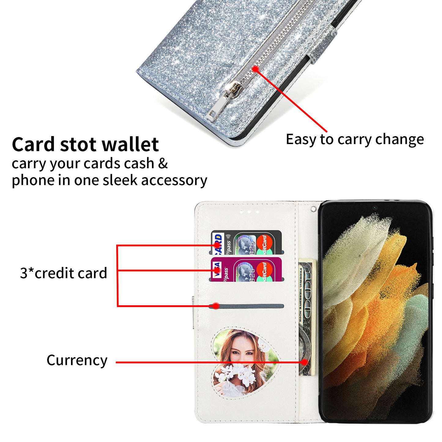 Glitter Sequins Magnetic Clasp Well-protected Anti-shock Zipper Pocket Wallet Flip Leather Phone Cover with Stand for Google Pixel 6