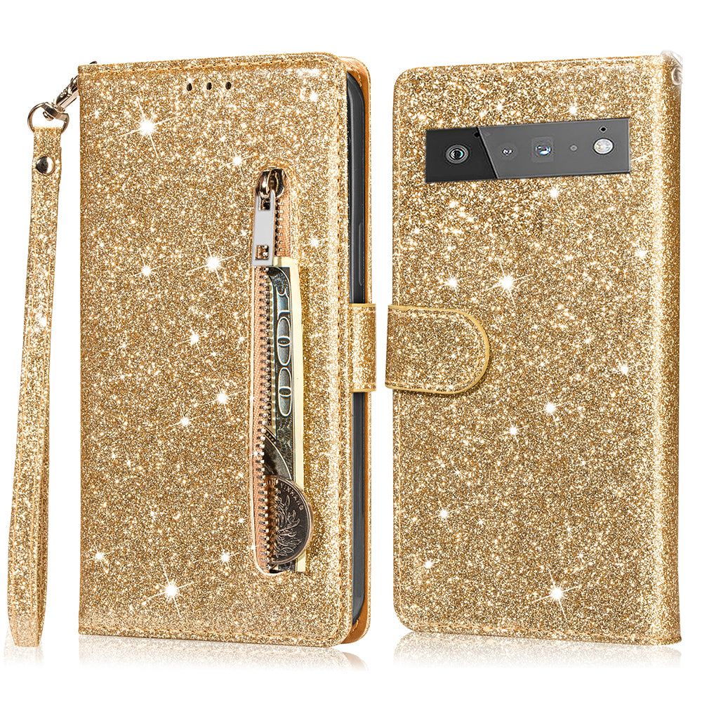 Glitter Sequins Magnetic Clasp Well-protected Anti-shock Zipper Pocket Wallet Flip Leather Phone Cover with Stand for Google Pixel 6