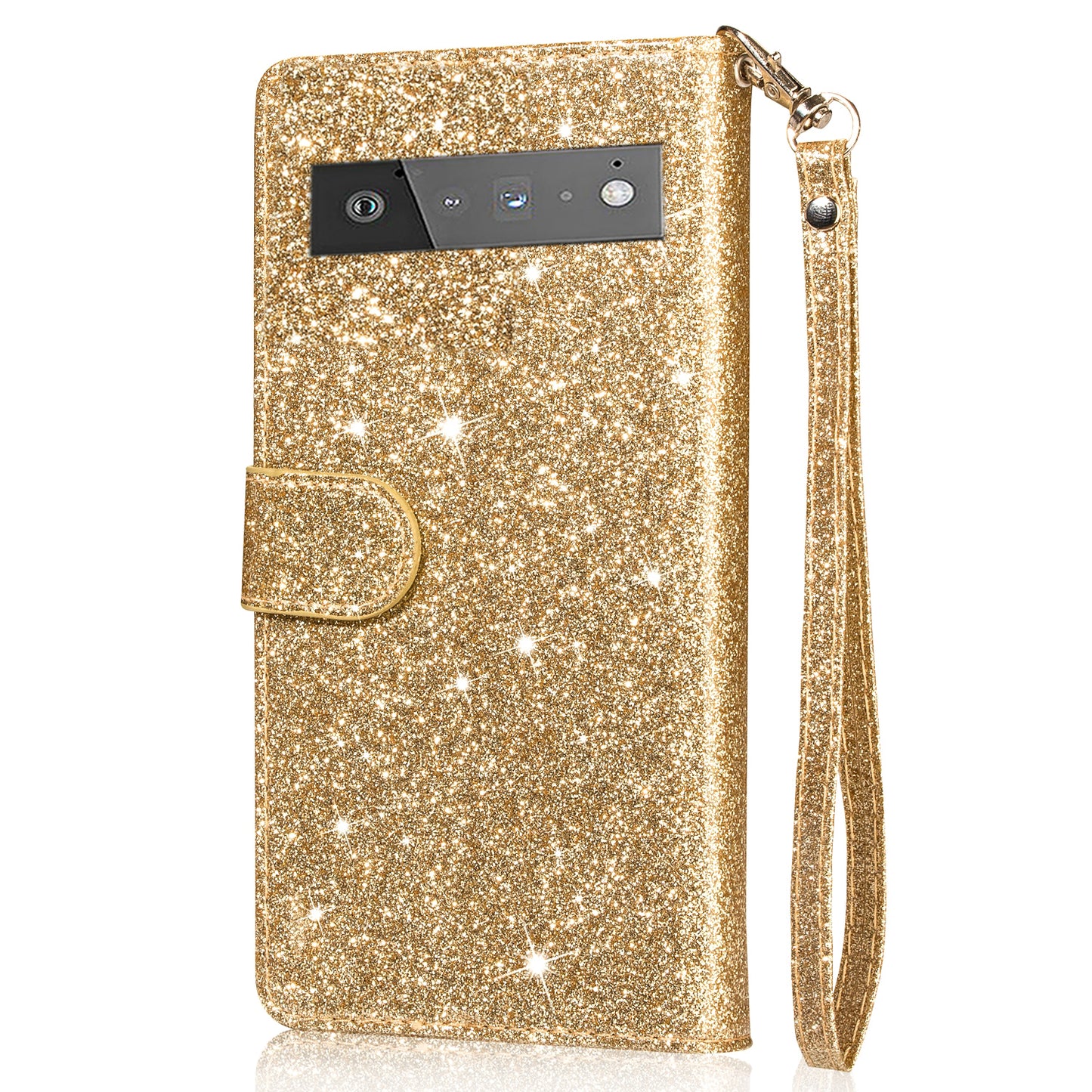 Glitter Sequins Magnetic Clasp Well-protected Anti-shock Zipper Pocket Wallet Flip Leather Phone Cover with Stand for Google Pixel 6