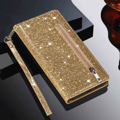 Glitter Sequins Magnetic Clasp Well-protected Anti-shock Zipper Pocket Wallet Flip Leather Phone Cover with Stand for Google Pixel 6