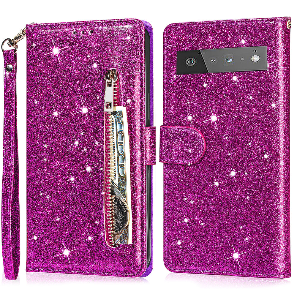 Glitter Sequins Magnetic Clasp Well-protected Anti-shock Zipper Pocket Wallet Flip Leather Phone Cover with Stand for Google Pixel 6