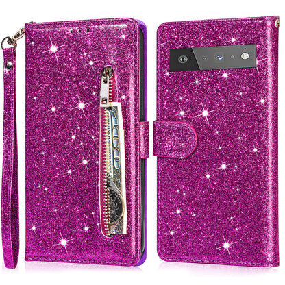 Glitter Sequins Magnetic Clasp Well-protected Anti-shock Zipper Pocket Wallet Flip Leather Phone Cover with Stand for Google Pixel 6