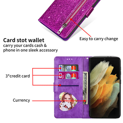 Glitter Sequins Magnetic Clasp Well-protected Anti-shock Zipper Pocket Wallet Flip Leather Phone Cover with Stand for Google Pixel 6