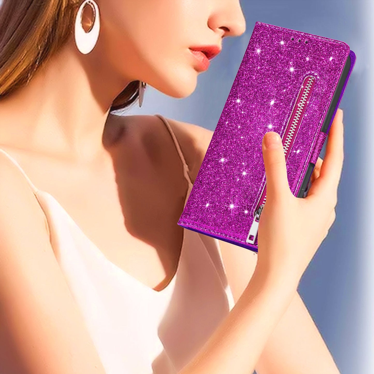 Glitter Sequins Magnetic Clasp Well-protected Anti-shock Zipper Pocket Wallet Flip Leather Phone Cover with Stand for Google Pixel 6