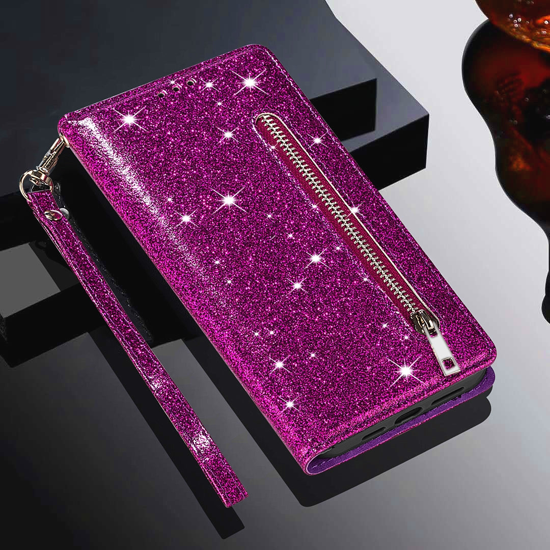 Glitter Sequins Magnetic Clasp Well-protected Anti-shock Zipper Pocket Wallet Flip Leather Phone Cover with Stand for Google Pixel 6