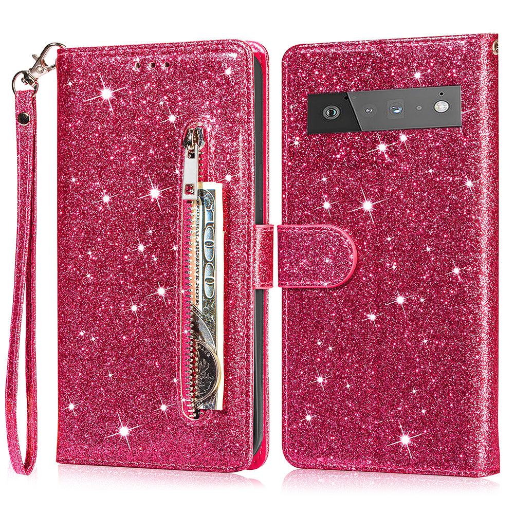 Glitter Sequins Magnetic Clasp Well-protected Anti-shock Zipper Pocket Wallet Flip Leather Phone Cover with Stand for Google Pixel 6