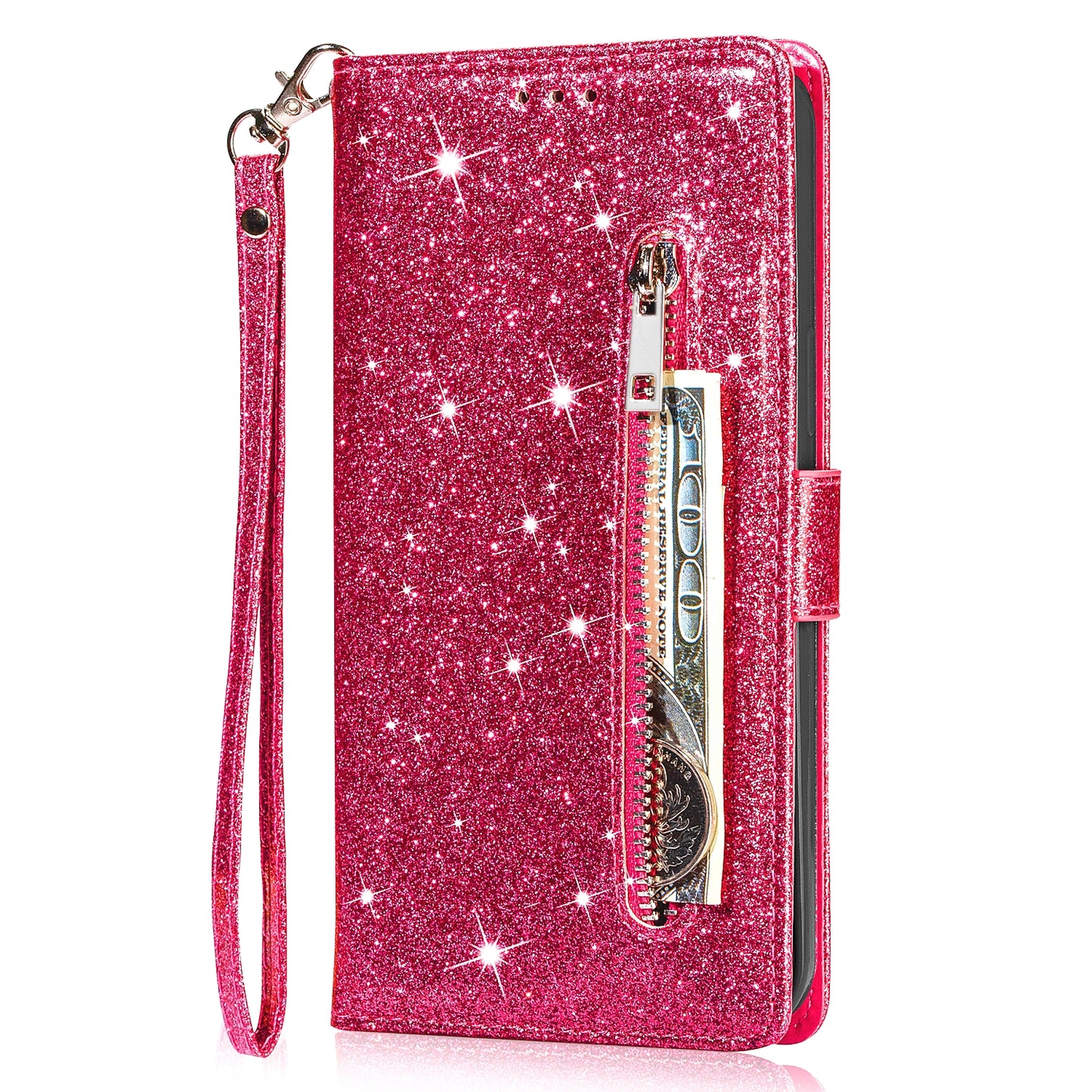 Glitter Sequins Magnetic Clasp Well-protected Anti-shock Zipper Pocket Wallet Flip Leather Phone Cover with Stand for Google Pixel 6