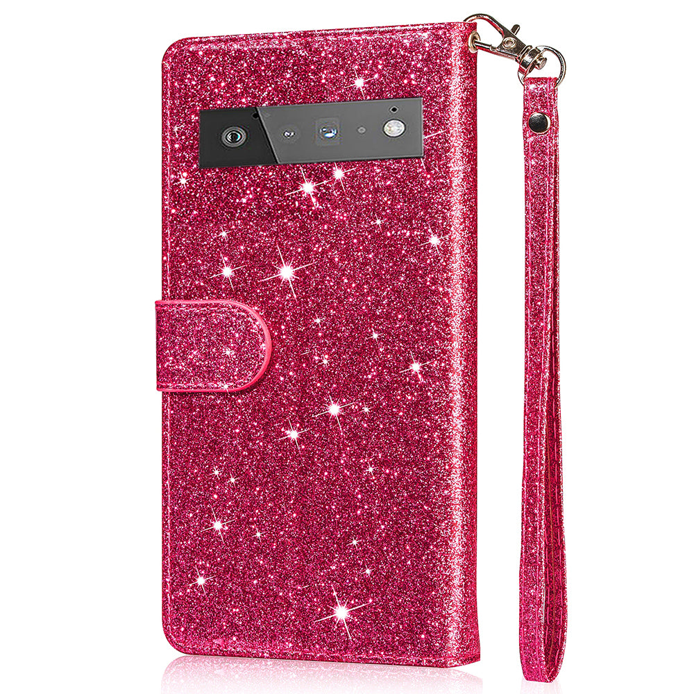 Glitter Sequins Magnetic Clasp Well-protected Anti-shock Zipper Pocket Wallet Flip Leather Phone Cover with Stand for Google Pixel 6