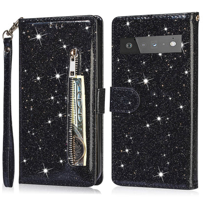 Glitter Sequins Magnetic Clasp Well-protected Anti-shock Zipper Pocket Wallet Flip Leather Phone Cover with Stand for Google Pixel 6