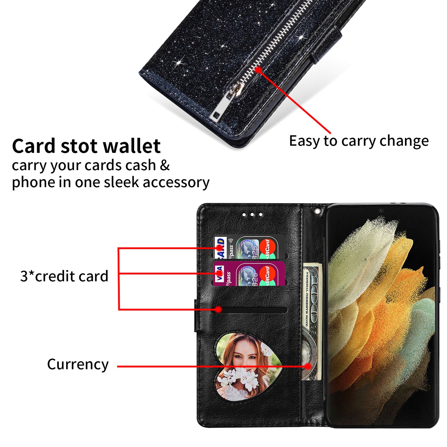 Glitter Sequins Magnetic Clasp Well-protected Anti-shock Zipper Pocket Wallet Flip Leather Phone Cover with Stand for Google Pixel 6