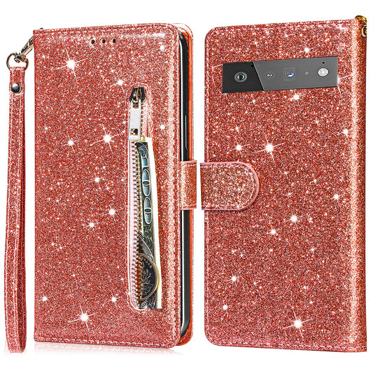 Glitter Sequins Stylish Anti-fall Magnetic Clasp Zipper Pocket Flip Leather Phone Cover with Wallet and Stand for Google Pixel 6 Pro