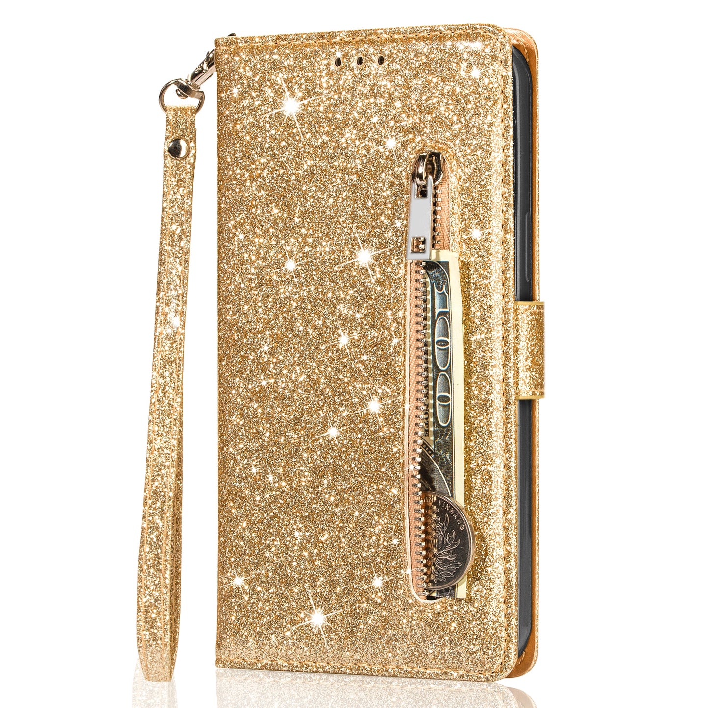 Glitter Sequins Stylish Anti-fall Magnetic Clasp Zipper Pocket Flip Leather Phone Cover with Wallet and Stand for Google Pixel 6 Pro