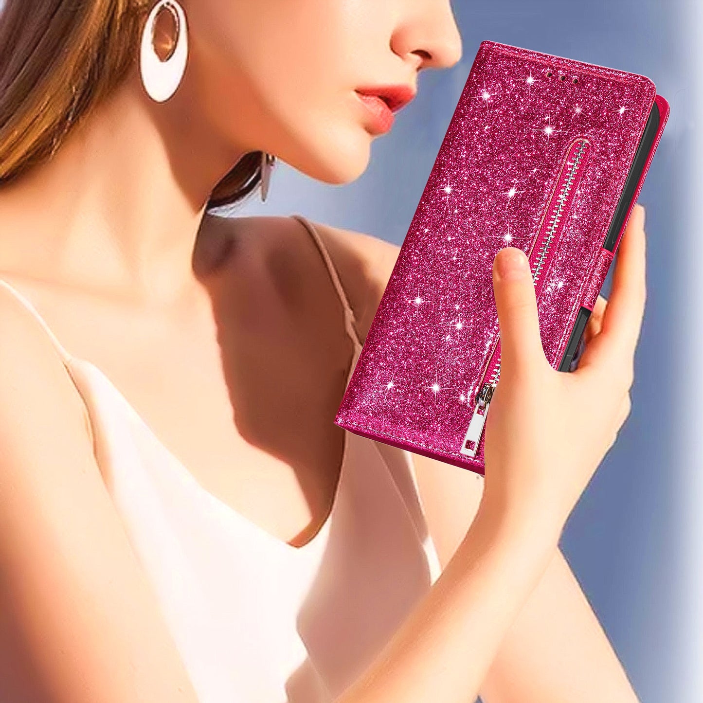 Glitter Sequins Stylish Anti-fall Magnetic Clasp Zipper Pocket Flip Leather Phone Cover with Wallet and Stand for Google Pixel 6 Pro