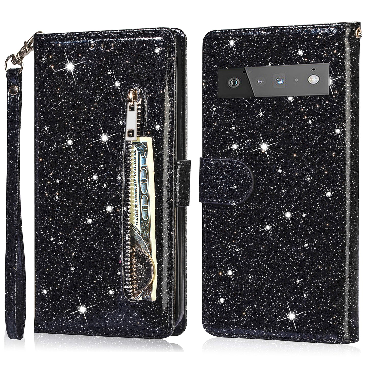 Glitter Sequins Stylish Anti-fall Magnetic Clasp Zipper Pocket Flip Leather Phone Cover with Wallet and Stand for Google Pixel 6 Pro