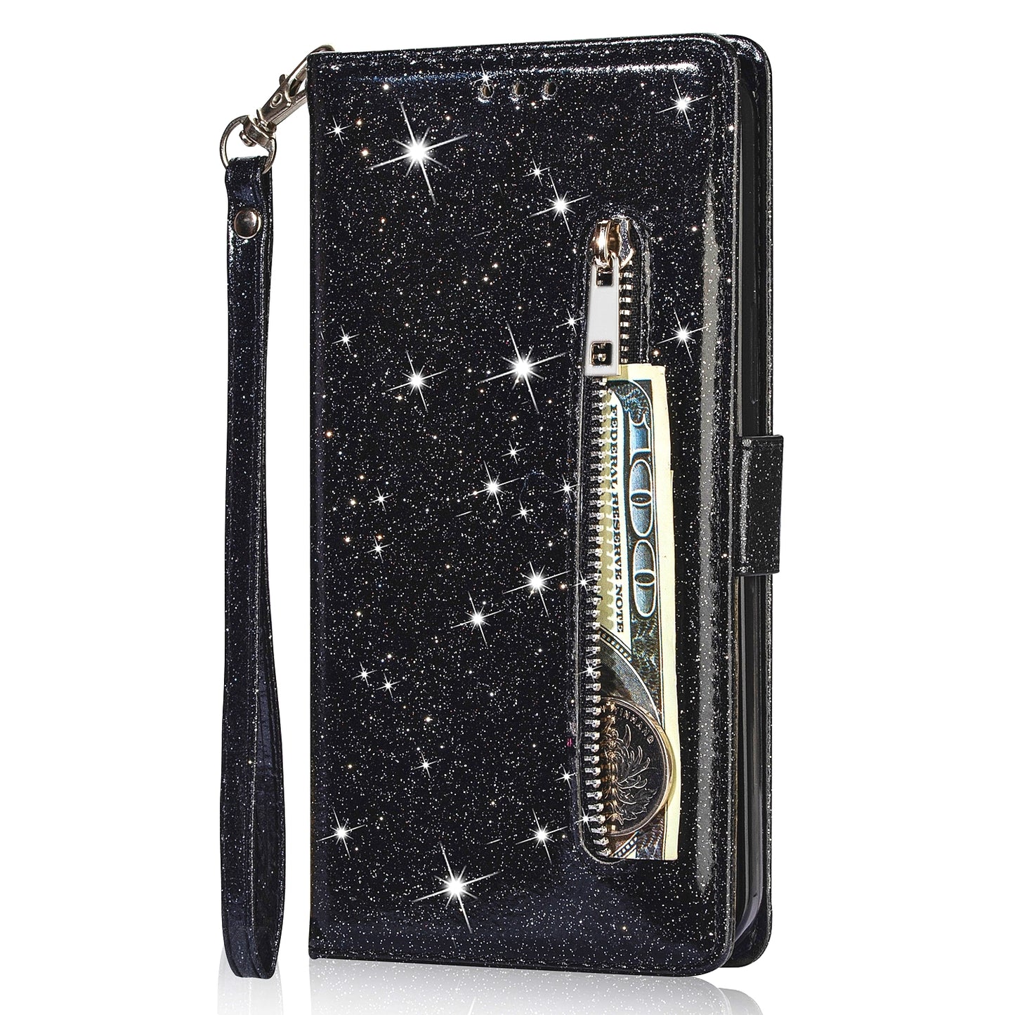 Glitter Sequins Stylish Anti-fall Magnetic Clasp Zipper Pocket Flip Leather Phone Cover with Wallet and Stand for Google Pixel 6 Pro