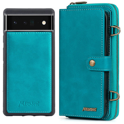 MEGSHI 020 Series Wallet Magnetic Detachable Design Shockproof PU Leather TPU Phone Cover Shoulder Bag for Google Pixel 6