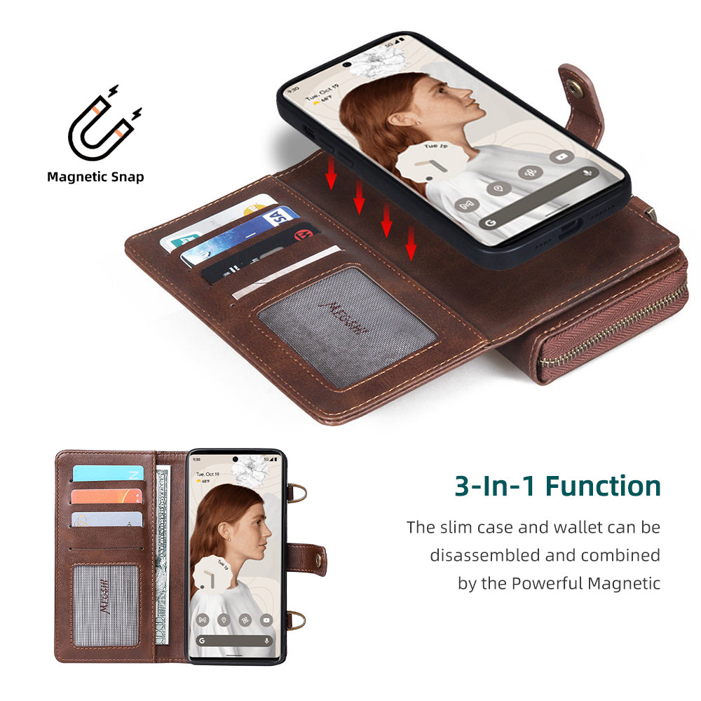 MEGSHI 020 Series Wallet Magnetic Detachable Design Shockproof PU Leather TPU Phone Cover Shoulder Bag for Google Pixel 6