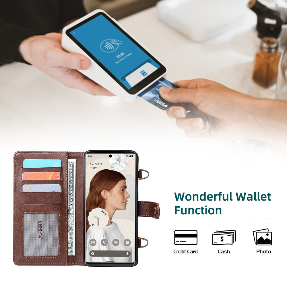 MEGSHI 020 Series Wallet Magnetic Detachable Design Shockproof PU Leather TPU Phone Cover Shoulder Bag for Google Pixel 6