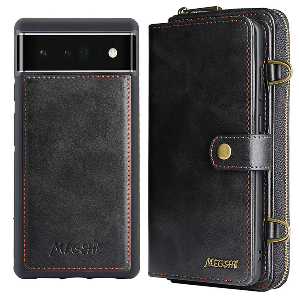 MEGSHI 020 Series Wallet Magnetic Detachable Design Shockproof PU Leather TPU Phone Cover Shoulder Bag for Google Pixel 6