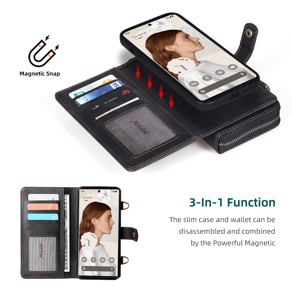 MEGSHI 020 Series Wallet Magnetic Detachable Design Shockproof PU Leather TPU Phone Cover Shoulder Bag for Google Pixel 6