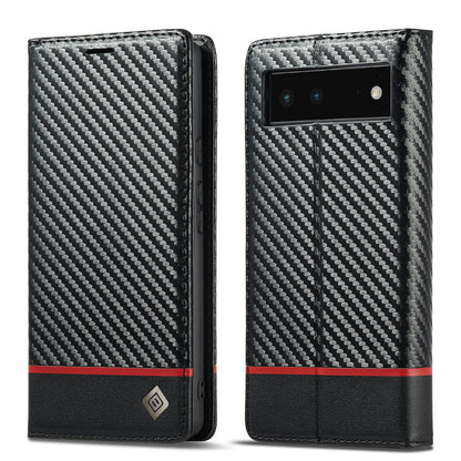 LC.IMEEKE Carbon Fiber Texture Wallet Design Scratch-resistant Phone Case Shell with Stand for Google Pixel 6