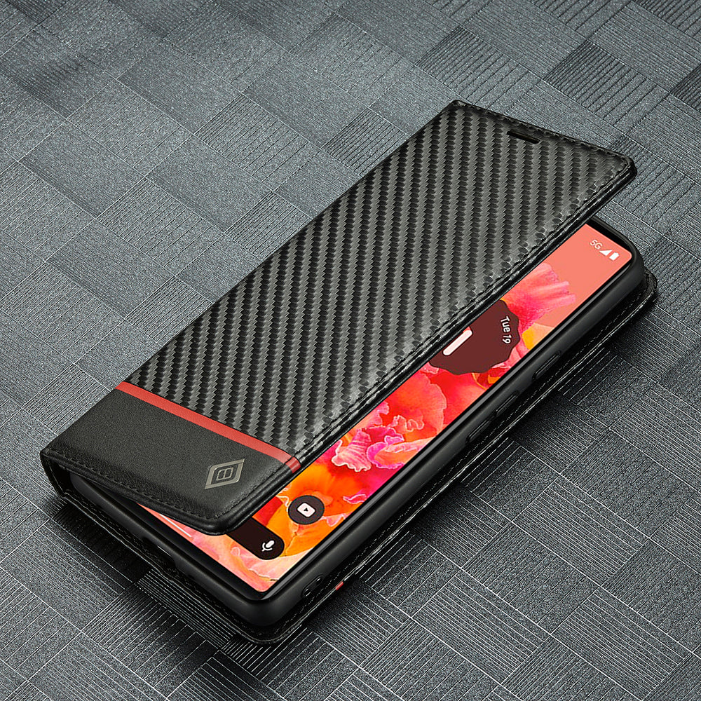 LC.IMEEKE Carbon Fiber Texture Wallet Design Scratch-resistant Phone Case Shell with Stand for Google Pixel 6