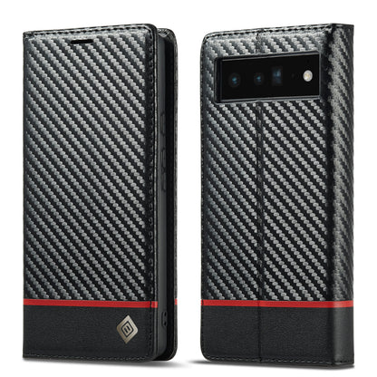 LC.IMEEKE Carbon Fiber Texture Wallet Design Auto-absorbed Magnetic Closing Phone Case Cover with Stand for Google Pixel 6 Pro