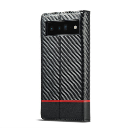 LC.IMEEKE Carbon Fiber Texture Wallet Design Auto-absorbed Magnetic Closing Phone Case Cover with Stand for Google Pixel 6 Pro