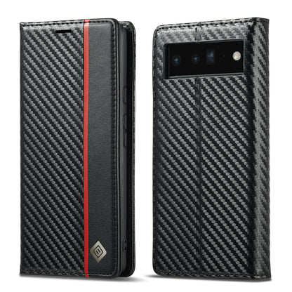 LC.IMEEKE Carbon Fiber Texture Wallet Design Auto-absorbed Magnetic Closing Phone Case Cover with Stand for Google Pixel 6 Pro