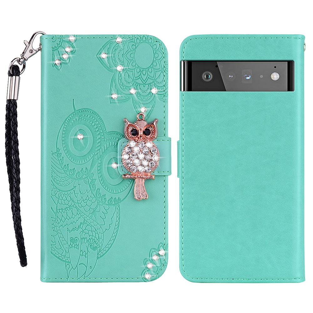 Bling Rhinestone Decor Imprinted Owl Flower Pattern Leather Case Shell with Stand Wallet for Google Pixel 6