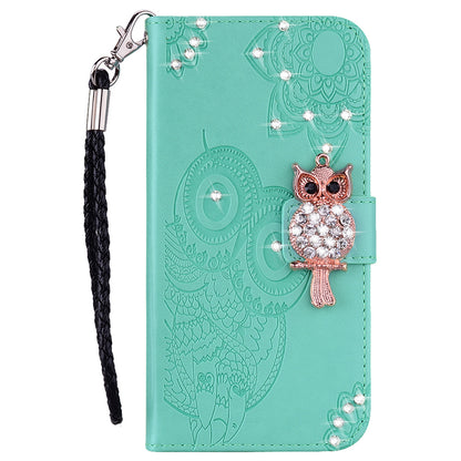 Bling Rhinestone Decor Imprinted Owl Flower Pattern Leather Case Shell with Stand Wallet for Google Pixel 6