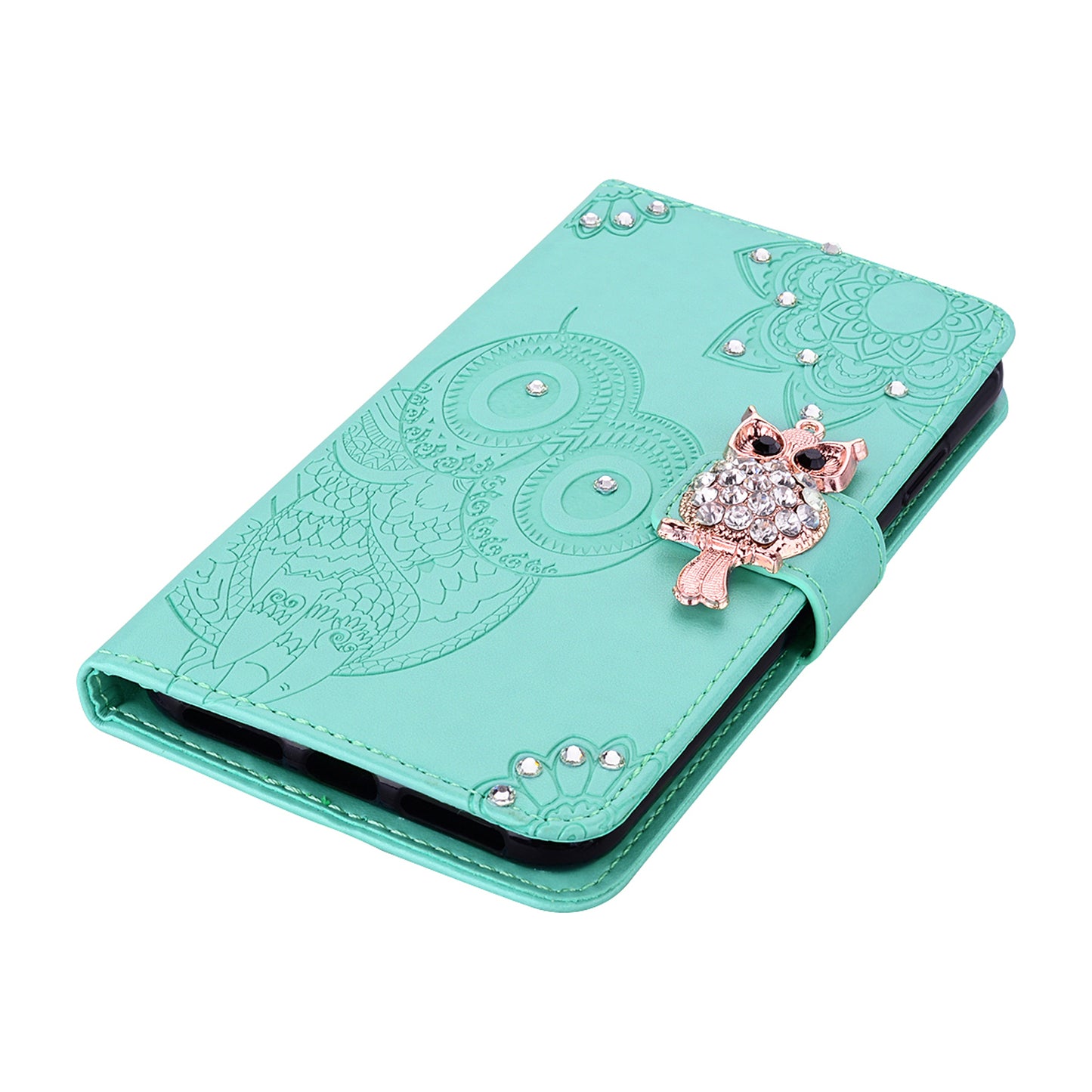 Bling Rhinestone Decor Imprinted Owl Flower Pattern Leather Case Shell with Stand Wallet for Google Pixel 6