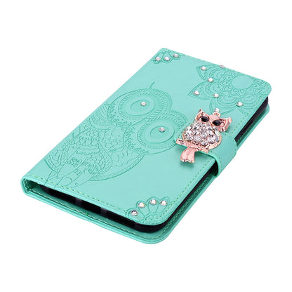 Bling Rhinestone Decor Imprinted Owl Flower Pattern Leather Case Shell with Stand Wallet for Google Pixel 6