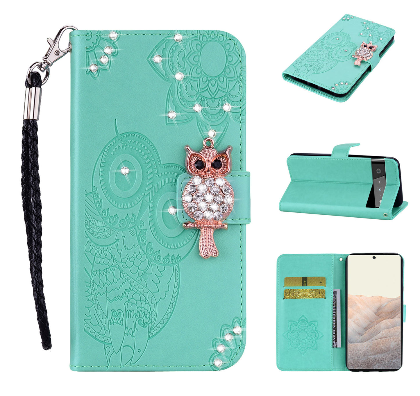 Bling Rhinestone Decor Imprinted Owl Flower Pattern Leather Case Shell with Stand Wallet for Google Pixel 6