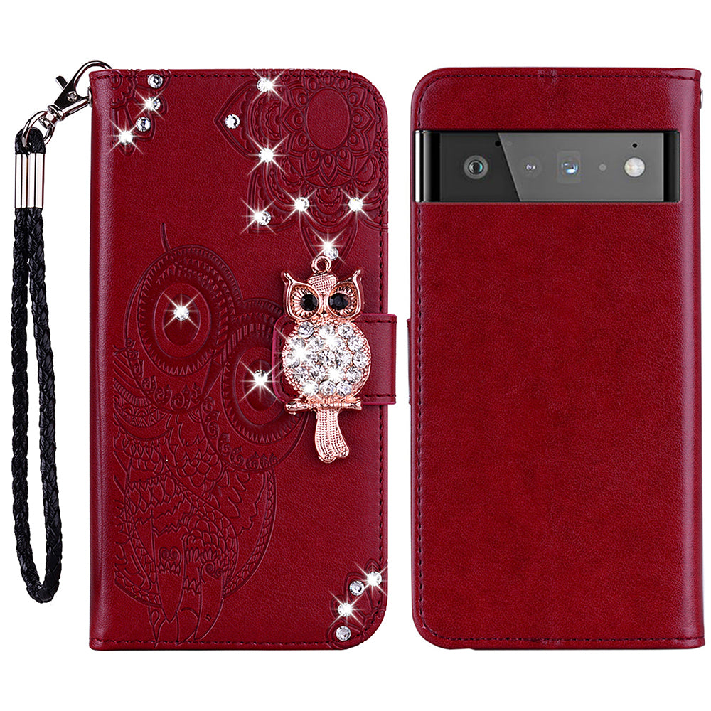 Bling Rhinestone Decor Imprinted Owl Flower Pattern Leather Case Shell with Stand Wallet for Google Pixel 6