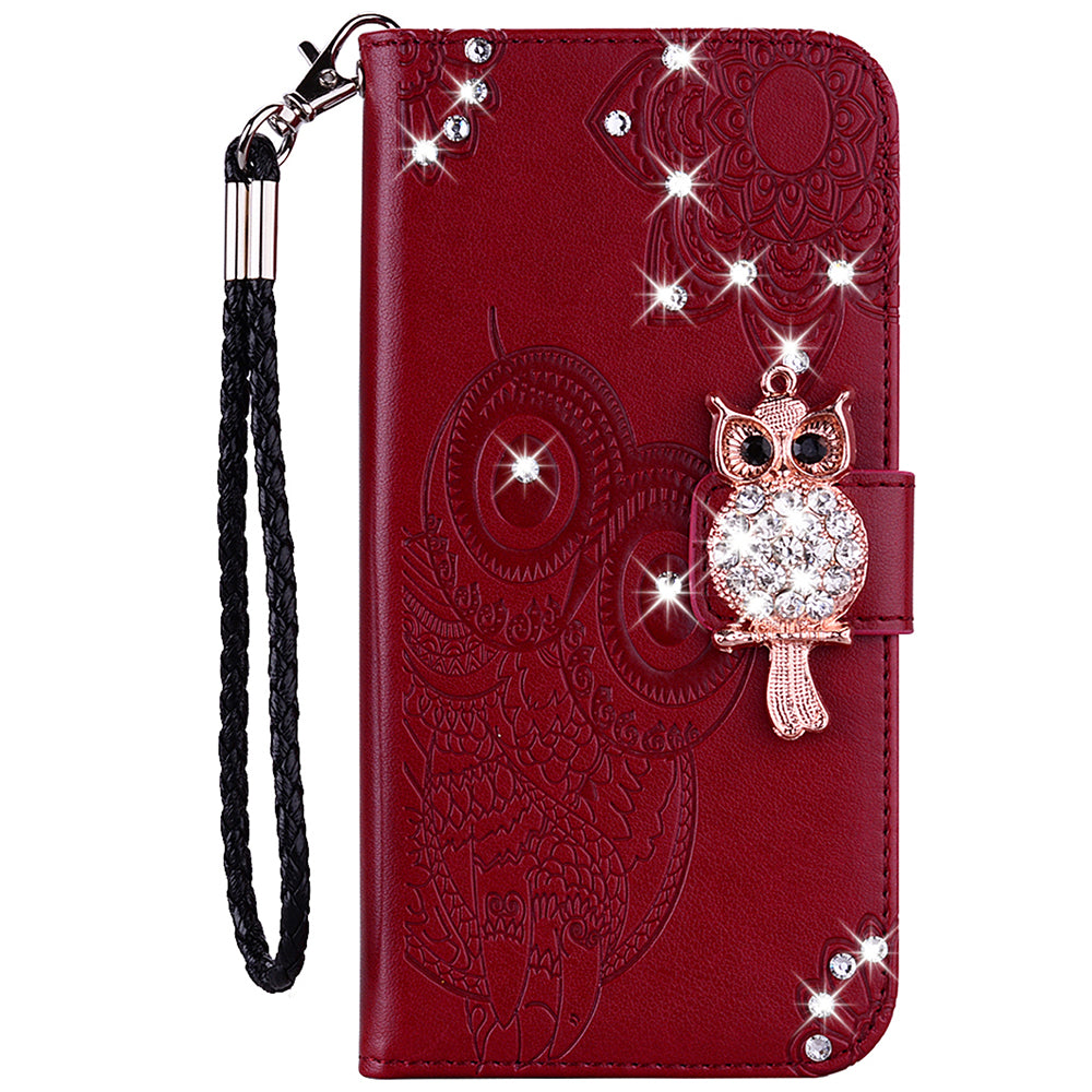 Bling Rhinestone Decor Imprinted Owl Flower Pattern Leather Case Shell with Stand Wallet for Google Pixel 6