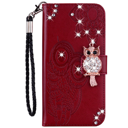 Bling Rhinestone Decor Imprinted Owl Flower Pattern Leather Case Shell with Stand Wallet for Google Pixel 6