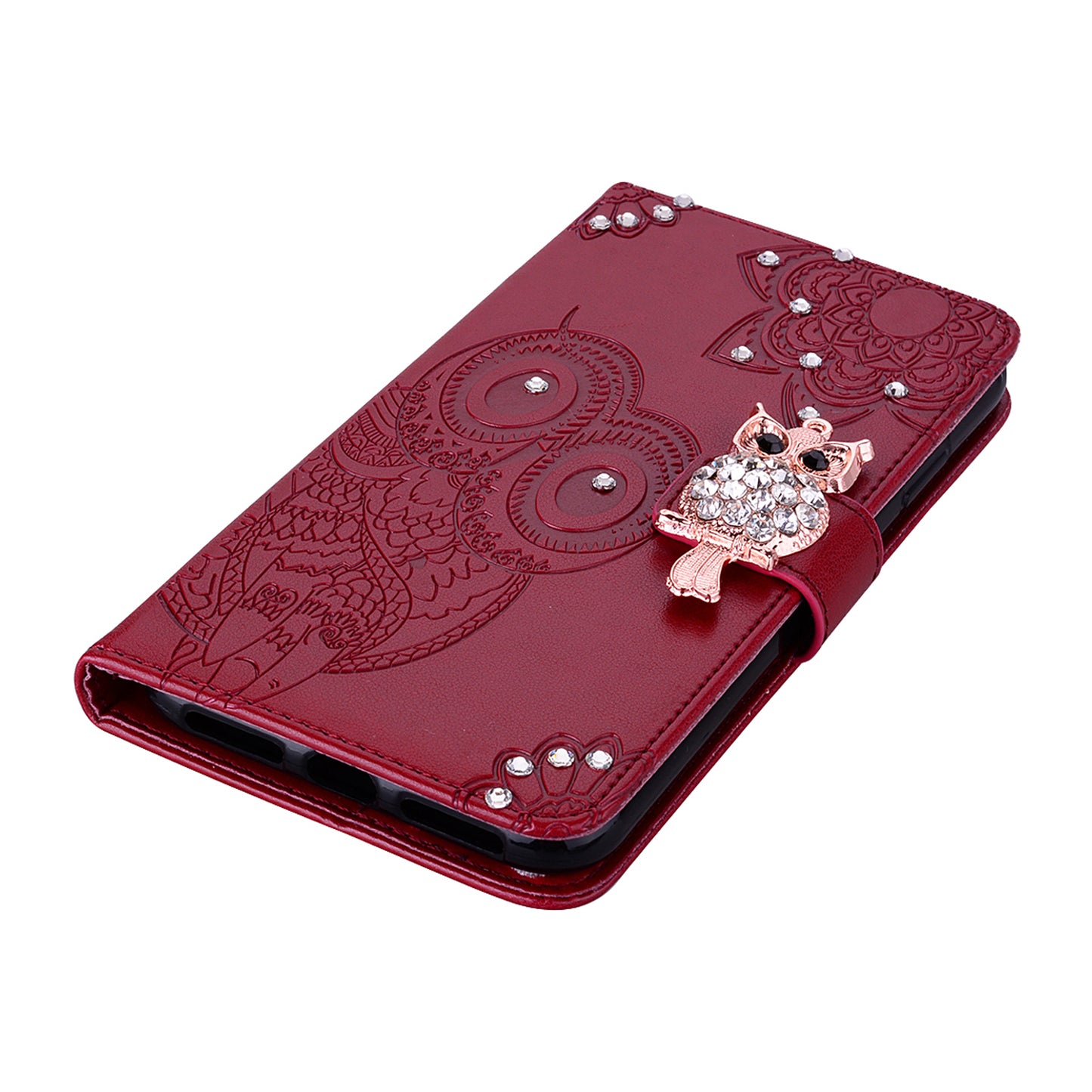 Bling Rhinestone Decor Imprinted Owl Flower Pattern Leather Case Shell with Stand Wallet for Google Pixel 6