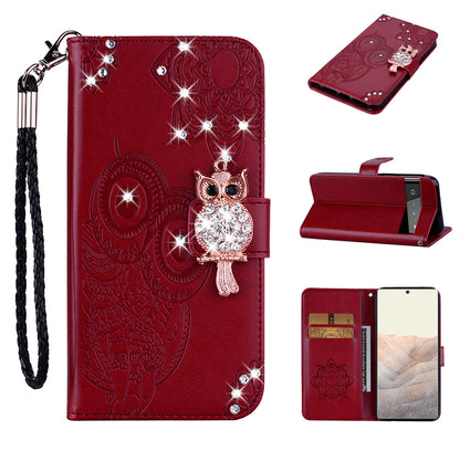 Bling Rhinestone Decor Imprinted Owl Flower Pattern Leather Case Shell with Stand Wallet for Google Pixel 6