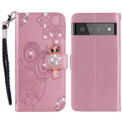 Bling Rhinestone Decor Imprinted Owl Flower Pattern Leather Case Shell with Stand Wallet for Google Pixel 6