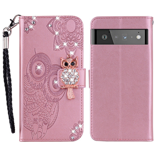 Bling Rhinestone Decor Imprinted Owl Flower Pattern Leather Case Shell with Stand Wallet for Google Pixel 6