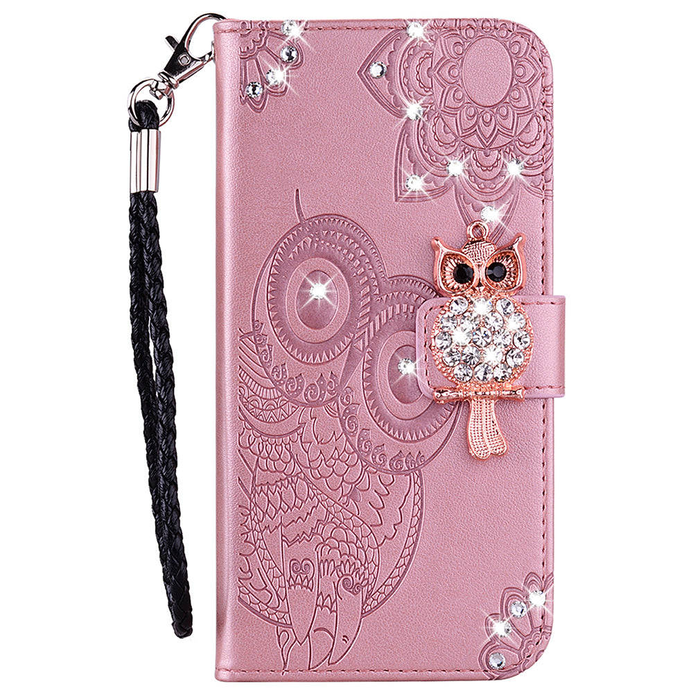 Bling Rhinestone Decor Imprinted Owl Flower Pattern Leather Case Shell with Stand Wallet for Google Pixel 6