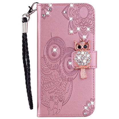 Bling Rhinestone Decor Imprinted Owl Flower Pattern Leather Case Shell with Stand Wallet for Google Pixel 6