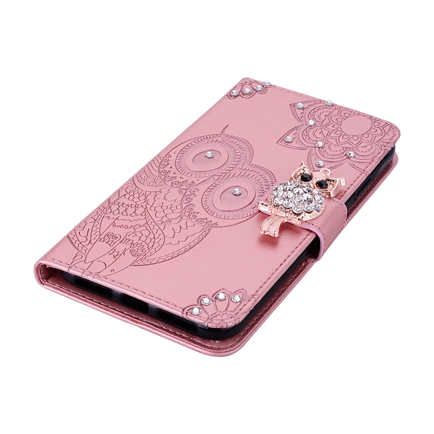 Bling Rhinestone Decor Imprinted Owl Flower Pattern Leather Case Shell with Stand Wallet for Google Pixel 6