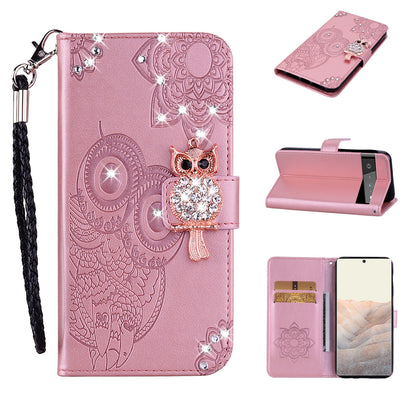 Bling Rhinestone Decor Imprinted Owl Flower Pattern Leather Case Shell with Stand Wallet for Google Pixel 6